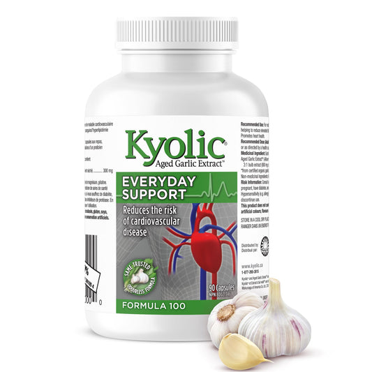 Kyolic - Aged Garlic Extract Supplements - Formula 100 Everyday Support 300mg, 90 Capsules - Odorless Garlic Pills - Promotes Heart Health and Supports Overall Wellness