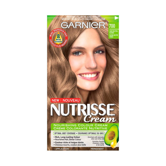 Garnier Nutrisse Cream, Permanent Hair Colour, 700 Dark Neutral Blonde, 100% Grey Coverage, Nourished Hair Enriched With Avocado Oil, 1 Application