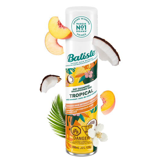 Batiste Dry Shampoo with Tropical scent 200ml, Fragrance with hints of coconut, jasmine, and peach to leave hair smelling great, instantly refreshes and absorbs grease