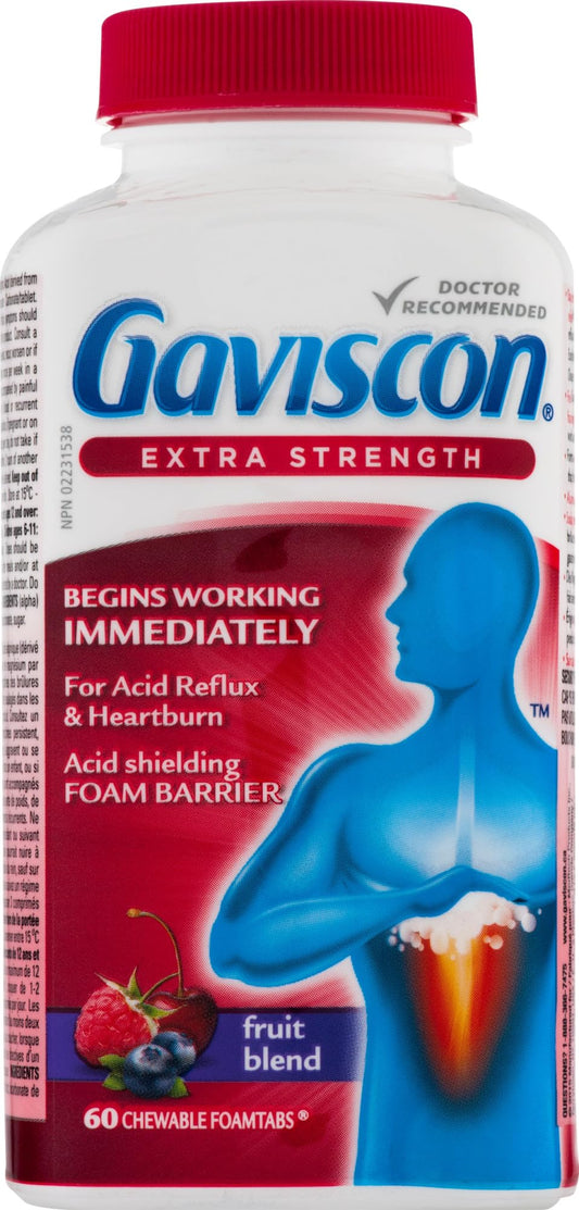 Gaviscon Extra Strength Tablets - 60 Count - Chewable Foaming Antacid Tablets for Day and Night Heartburn Relief, Acid Reflux and GERD Relief, Fruit Blend - Free of Aluminum, Lactose and Gluten
