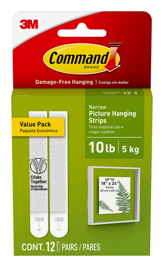 Command 10 lb Narrow 12 Pairs Picture Hanging Strips (24 Strips), Damage-Free Hangers for Picture Frames, No Tools Required, Great for Home Room Wall Decor, White Adhesive