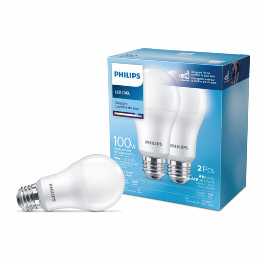 PHILIPS 462010 LED 100-Watt A19 Daylight Non-Dimmable Bulb, 2-Pack