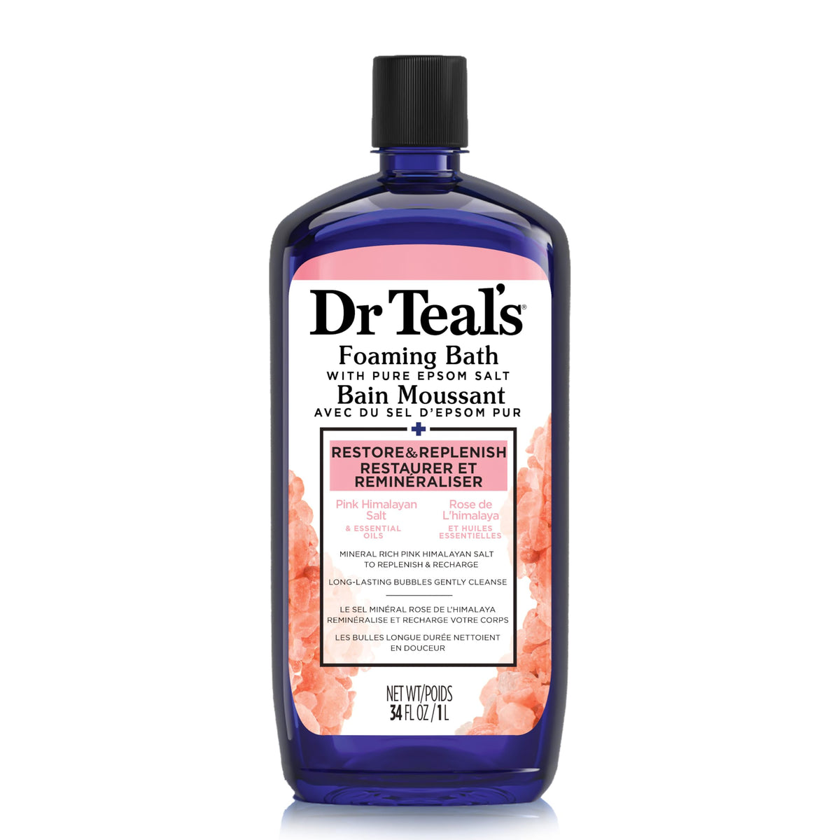 Dr Teal's Foaming Bath with Pure Epsom Salt, Pink Himalayan Salt, Restore & Replenish with Pink Himalayan Salt & Essential Oils, 34 fl oz (Packaging May Vary)