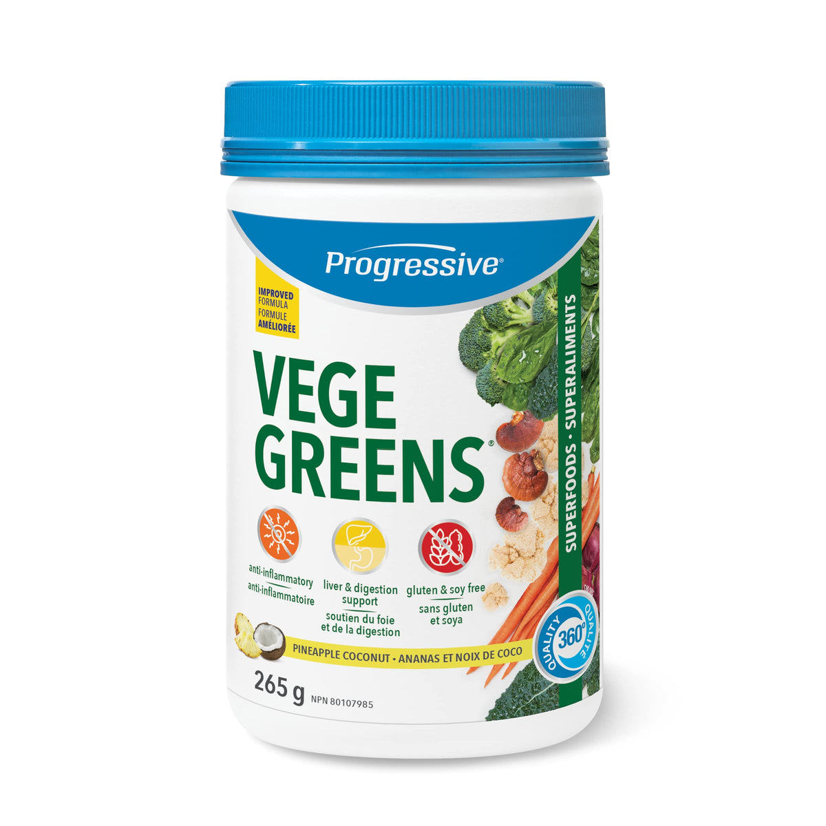 Progressive VegeGreens Pineapple Coconut, Vegan Canadian-Made Superfoods + Daily Greens with 23 Whole Foods, Adaptogens, Anti-Inflammatory, Antioxidants & Digestive Support for Energy and Immunity, 265 g