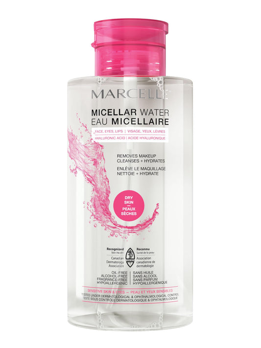 Marcelle Micellar Water, Dry + Sensitive Skin, with Hyaluronic Acid, Cleanses, Removes Makeup and Tones, Hypoallergenic, Oil-Free, Alcohol-Free, Fragrance-Free, Cruelty-Free, 400 mL