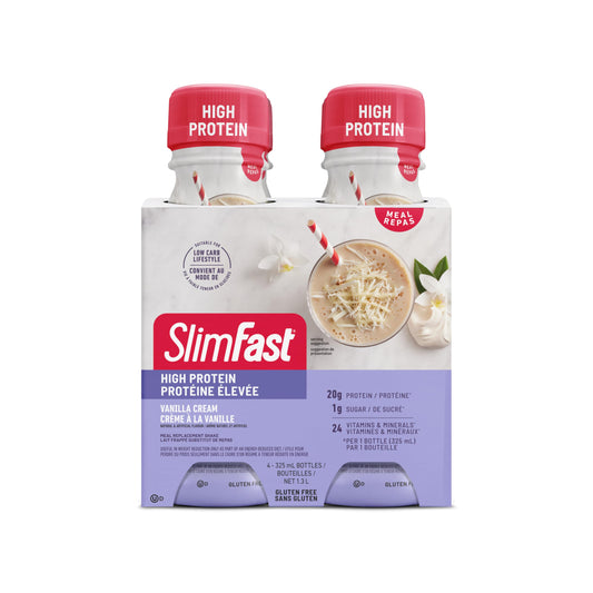 SlimFast High Protein - Protein shake (Ready to drink), Meal Replacement: 20g of protein + 24 Vitamins/Minerals, 5g of Fibers - Vanilla Creme - 4pack x 325ml/each