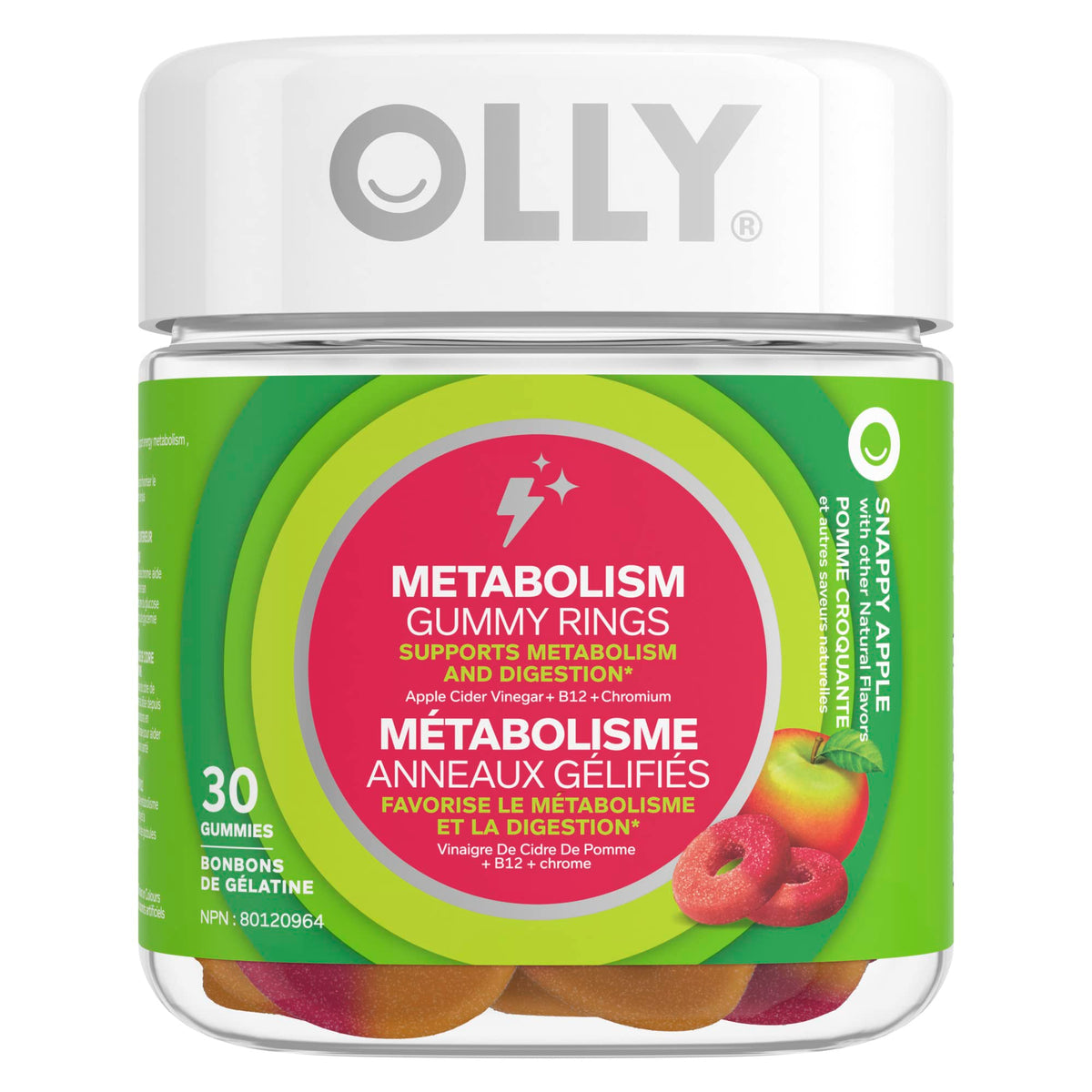 OLLY Metabolism Gummy Rings supports metabolism and digestion* Snappy Apple with apple cider vinegar, vitamin B12 & chromium 30 gummies, 30 count (Pack of 1)