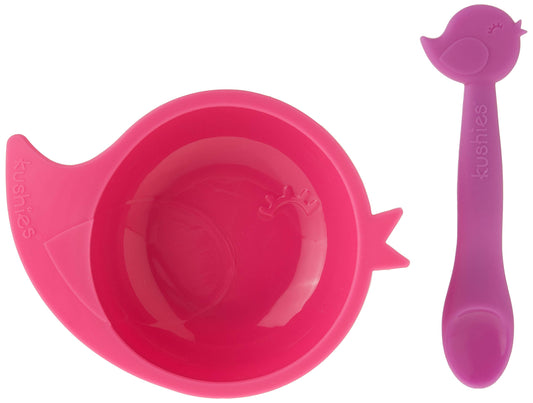 SILIBOWL + SPOON SET by Kushies Cute Silicone Bowl with Suction and Spoon Set for Babies, Toddlers, and Kids, Non-Slip, Dishwasher, Microwave, Freezer, and Oven Safe, BPA, PVC, and Phthalate Free - Pink Bird