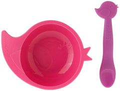SILIBOWL + SPOON SET by Kushies Cute Silicone Bowl with Suction and Spoon Set for Babies, Toddlers, and Kids, Non-Slip, Dishwasher, Microwave, Freezer, and Oven Safe, BPA, PVC, and Phthalate Free - Pink Bird