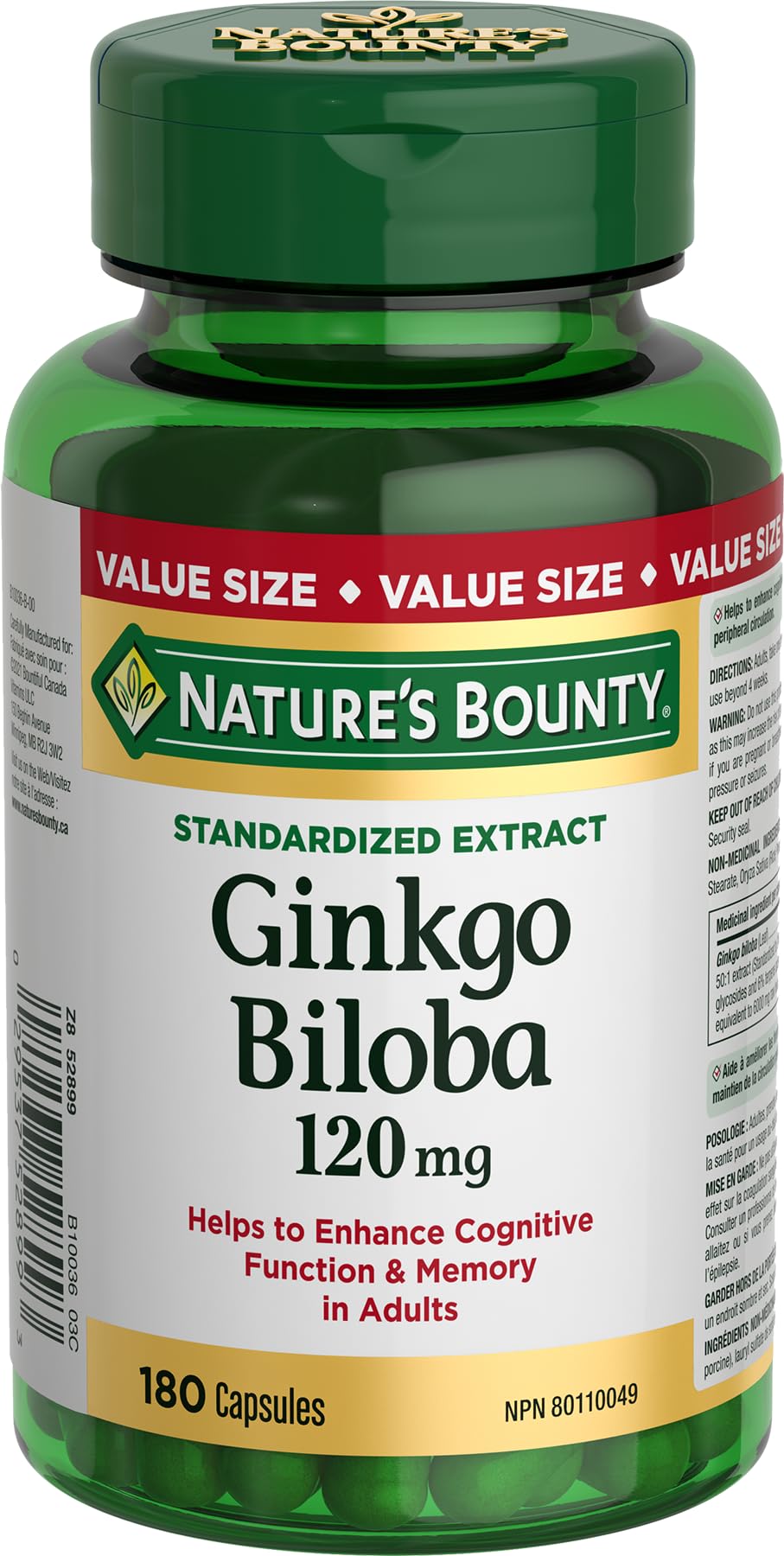 Nature's Bounty Gingko Biloba, 120 mg, Value Size, Helps to Enhance Cognitive Function, Helps to Support Peripheral Circulation, For Adults, 180 Capsules