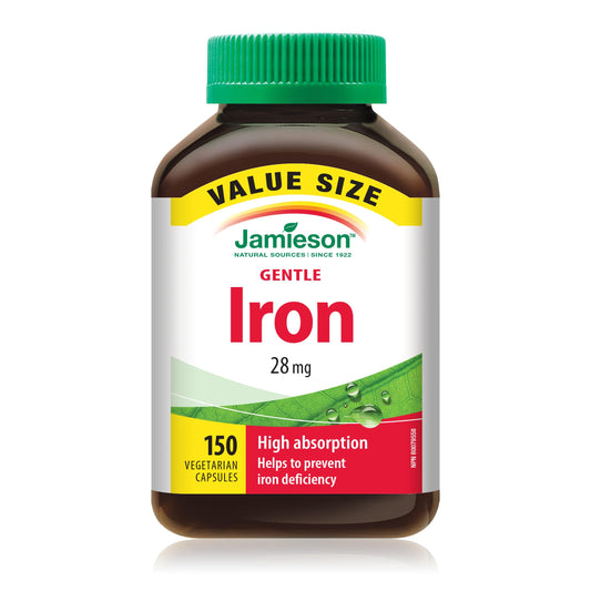 Jamieson Iron 28 mg, with Folic Acid, Vitamin B2, Vitamin B12, and Vitamin C, Helps Prevents Iron Deficiency, Provides Superior Absorption, and Gentle on the Stomach. Non-GMO, Gluten-Free, 150 Vegetarian Capsules