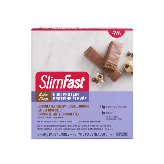 SlimFast Protein bar - Bake Shop High Protein Bar: 15g of Protein + 6g of Fiber - Chocolatey Crispy Cookie Dough - pack of 5, 60g per bar [300g]