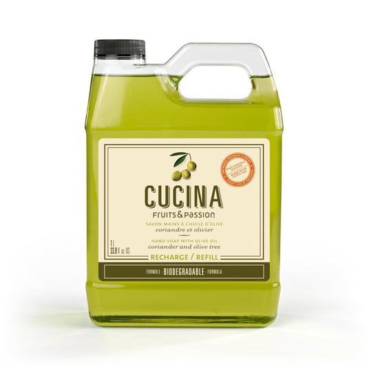 Cucina Fruits & Passion Hand Soap Refill, Coriander & Olive Tree – 1 L (33.8 fl oz) – Olive Oil Enriched, Biodegradable Formula, Kitchen Hand Soap