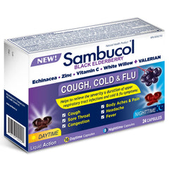 Sambucol Black Elderberry – Cough, Cold and Flu Day/Night| Helps Relieve Congestion, Fever Sore Throat & Head Pain | Black Elderberry, White Willow| 24 Hard Capsules (18 Day/6 Night)