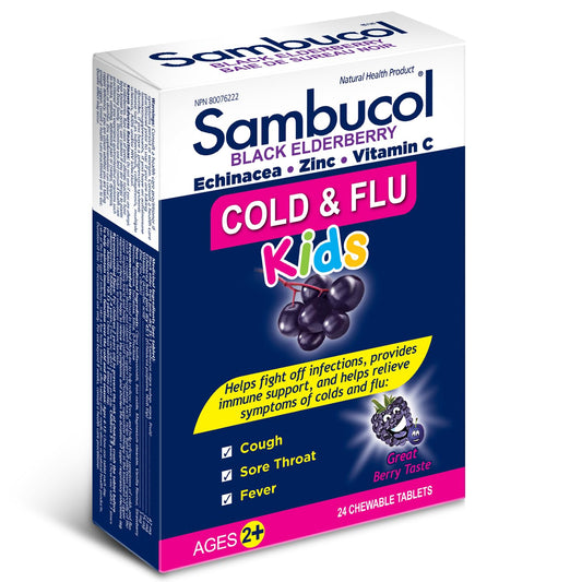 Sambucol Black Elderberry Cold & Flu Kids | Relieves Cold & Flu Symptoms | Immune Support & Antioxidant | Gluten Free | 24 Chewable Tablets, blue