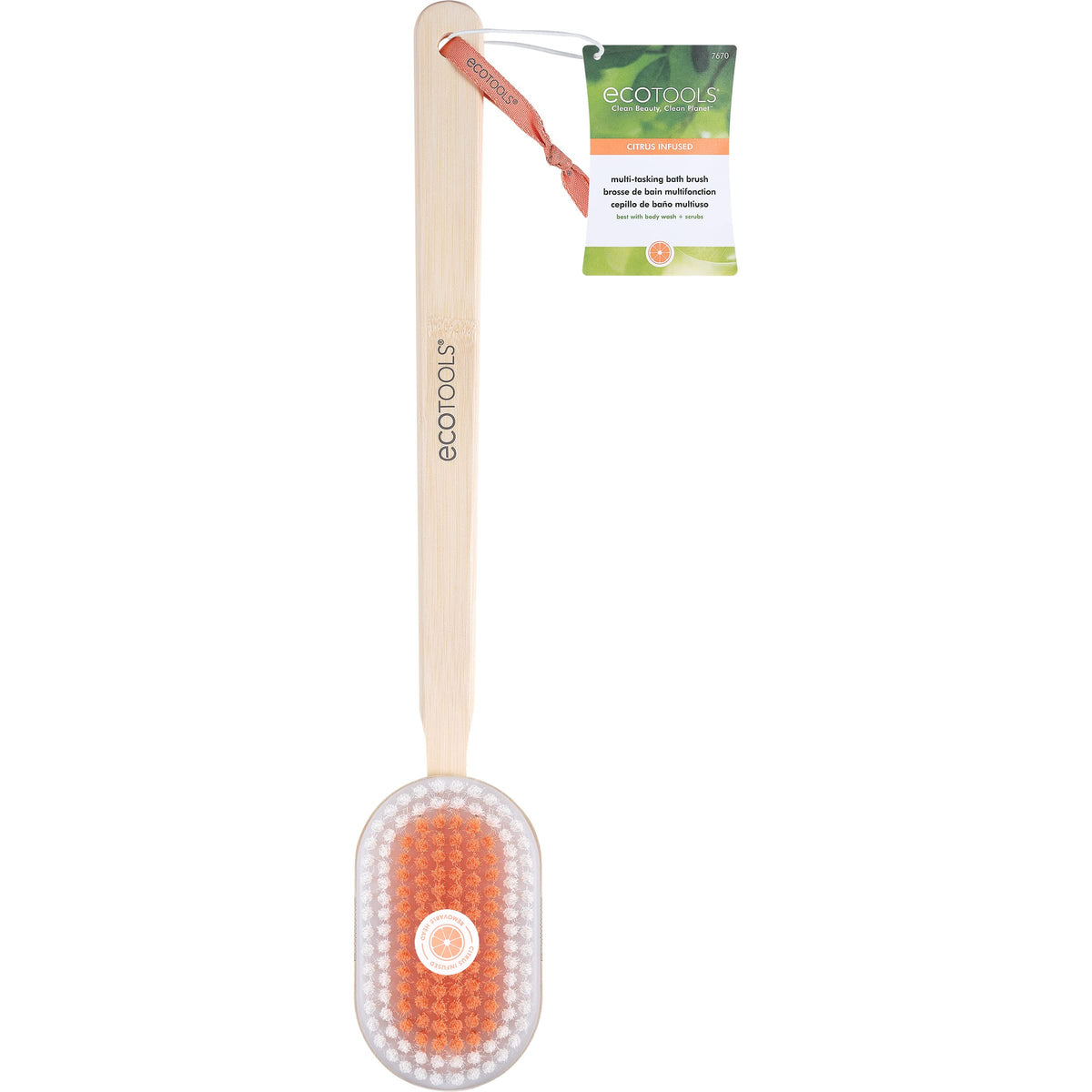 EcoTools Multi-Tasking Bath Brush, Citrus Infused Shower Brush, Long Ergonomic Handle & Soft Bristles, Back Scrubber, Gentle Exfoliating Bath Brush, Cleanses Hard To Reach Areas, Cruelty-Free, 1 Count