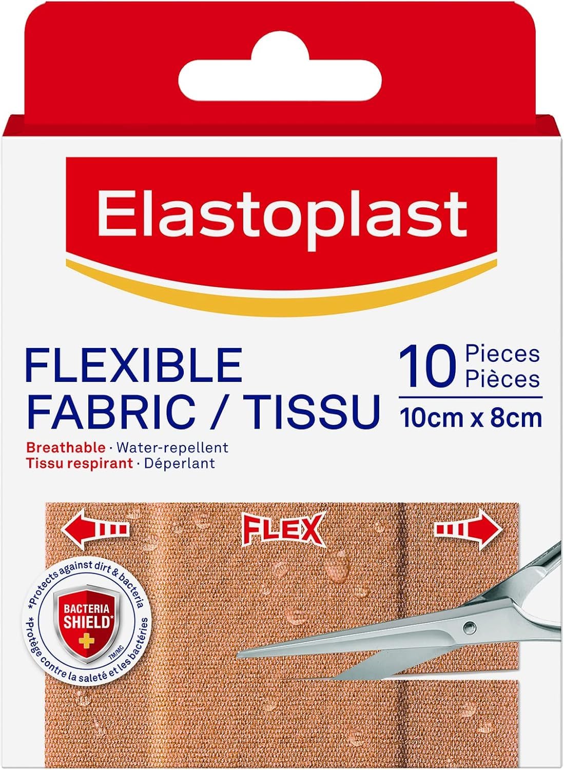 Elastoplast Flexible Fabric Adhesive Bandages, 10 Strips, 10 cm x 8cm Width, beige | Wound Dressing for First Aid Kit | Extra Flexible | Adapts to all your movements | Strong Adhesion