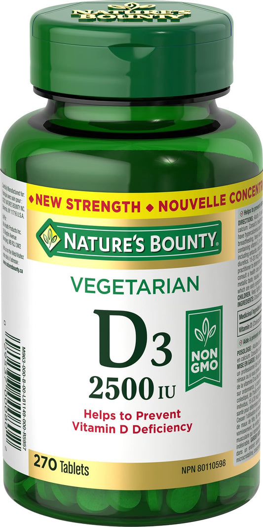Nature's Bounty Vegetarian Vitamin D3 2500 IU, Non-GMO, Helps prevent Vitamin D deficiency, Value Size, 270 Tablets