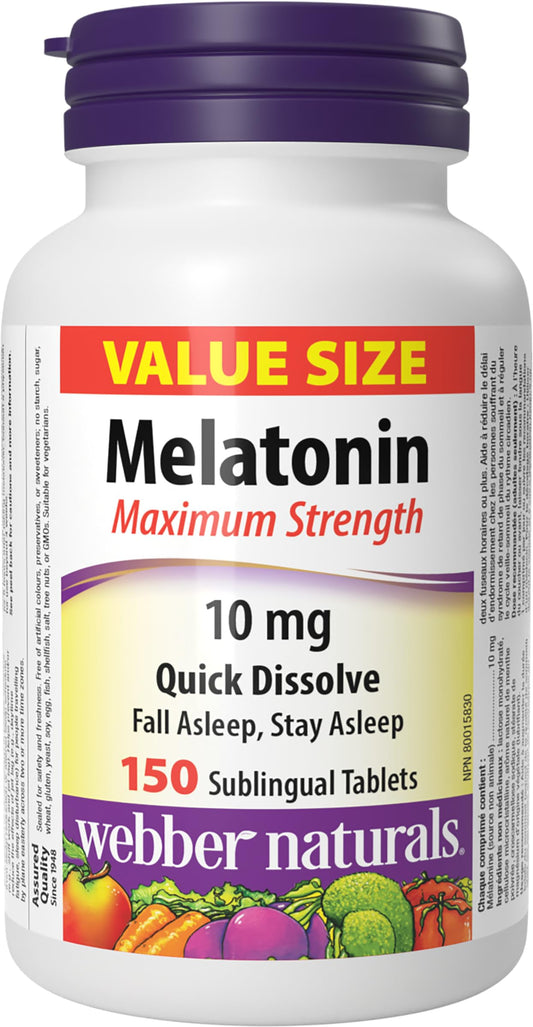 Webber Naturals Melatonin 10 mg, Maximum Strength, 150 Quick Dissolve Tablets, For Sleep Support