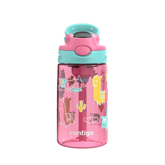 Contigo Kids Aubrey Straw Water Bottle with Leak-Proof Lid, BPA-Free Plastic, Dishwasher Safe, Azalea Jade Llama, 14 oz (414 mL)