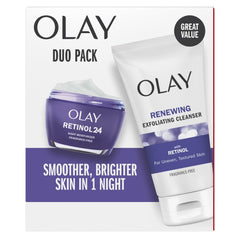 Olay Retinol 24 Duo Pack, Fragrance-Free, 1 Retinol 24 Night Moisturizer 50 mL, 1 Renewing Exfoliating Cleanser 150 mL, 4 Vitamin C Dissolving Pads