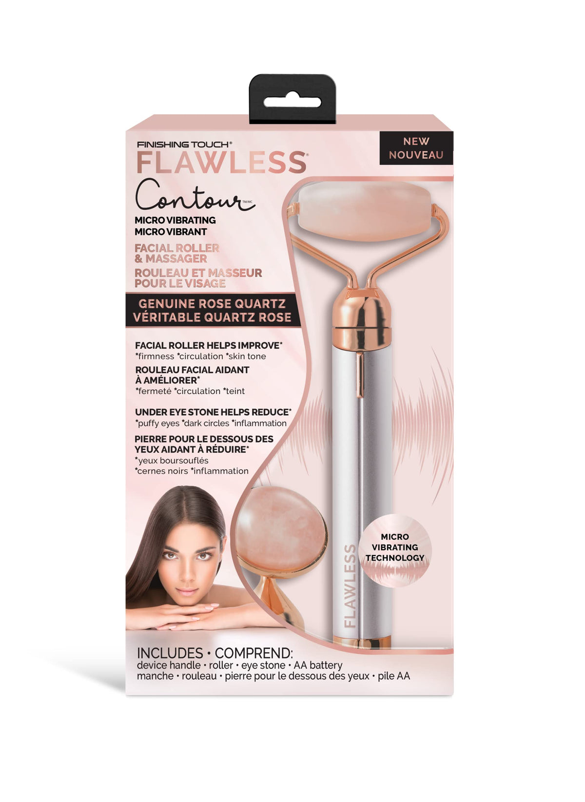 Finishing Touch Flawless Contour Vibrating Face Roller & Face Massager, At Home Facial Skin Care Tool, Rose Quartz