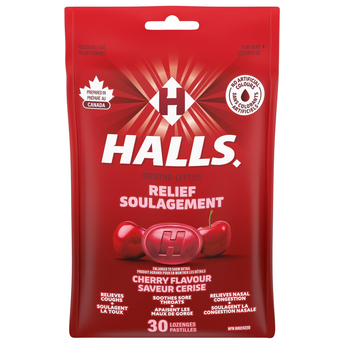 HALLS Cherry Flavour Cough Drops, Throat Lozenges, Sore Throat Relief, Mentho-Lyptus, 30 Lozenges, Prepared in Canada