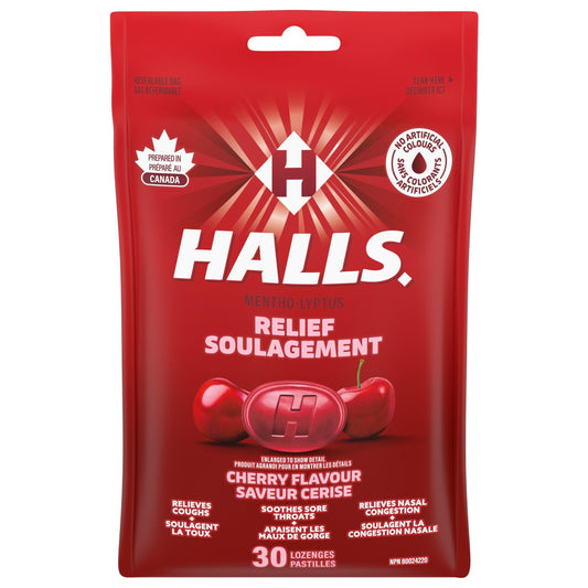 HALLS Cherry Flavour Cough Drops, Throat Lozenges, Sore Throat Relief, Mentho-Lyptus, 30 Lozenges, Prepared in Canada