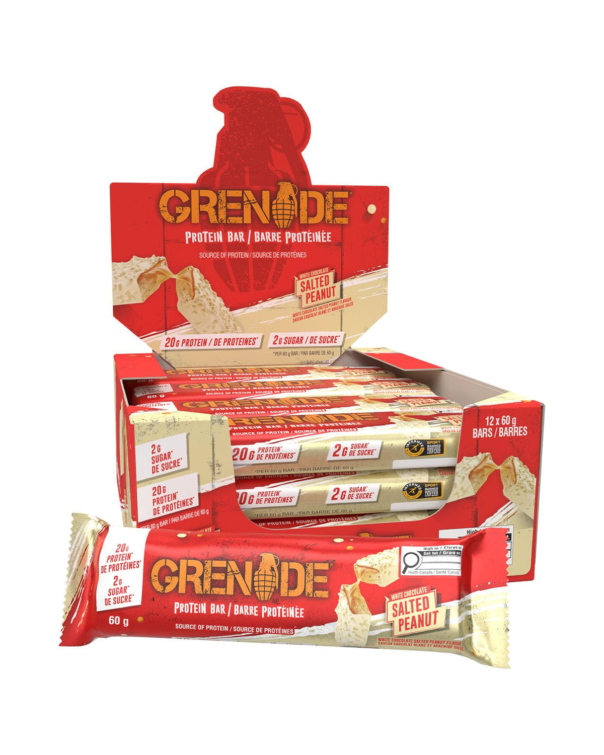 Grenade High Protein, Low Sugar Bar - White Chocolate Salted Peanut, 12 x 60 g (Packaging May Vary)