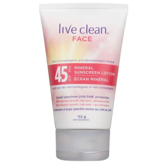 Live Clean Face Mineral Sunscreen LotionSPF 45, White, Unscented, 113ml