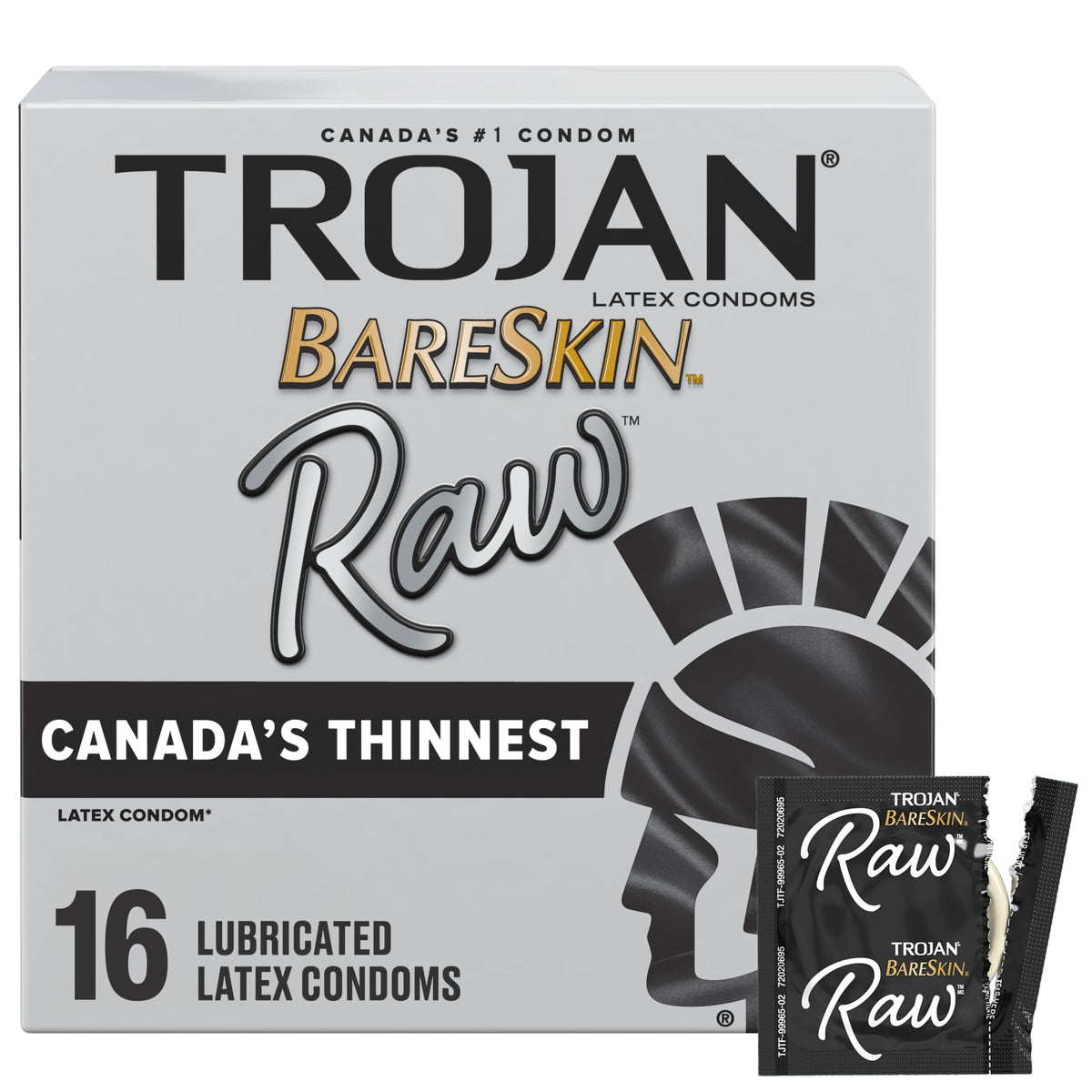 Trojan Bareskin Raw Lubricated Latex Thin Condoms, 16 Count, Canada’s Thinnest Latex Condom, Silky Smooth Lubricant for Comfort & Sensation, Enjoy a More Natural Experience and Feel It All