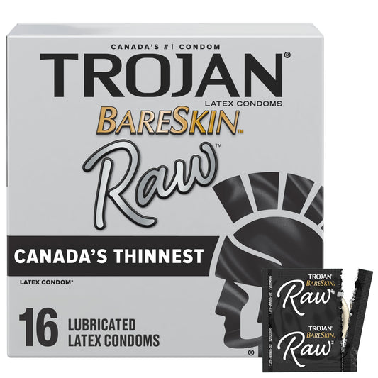 Trojan Bareskin Raw Lubricated Latex Thin Condoms, 16 Count, Canada’s Thinnest Latex Condom, Silky Smooth Lubricant for Comfort & Sensation, Enjoy a More Natural Experience and Feel It All
