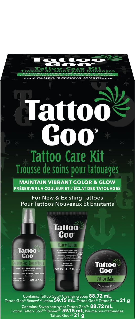 Tattoo Goo Aftercare Kit Includes Cleansing Soap, Tattoo Balm, and Renew Lotion, Tattoo Care for Color Enhancement + Quick Healing - Vegan, Cruelty-Free, Petroleum-Free, Tattoo Artist Gifts (3 Piece Set)