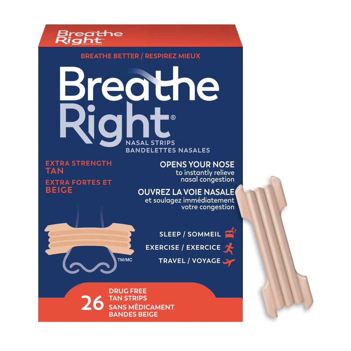 Breathe Right Nasal Strips, Extra Strength, Tan, Drug-Free Snoring Solution & Nasal Congestion Relief Caused by Colds & Allergies, Nightly Sleep, 26 Count