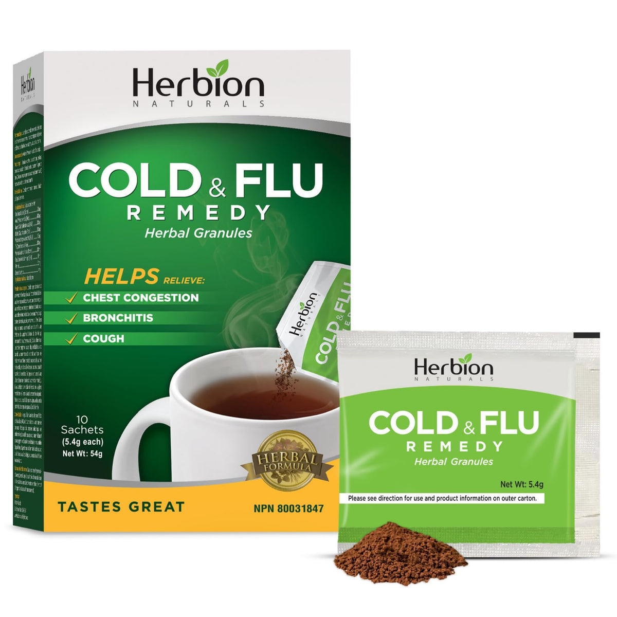 Herbion Naturals Cold and Flu Granules | Herbal Tea | Cough Relief | Sore Throat |10 sachet