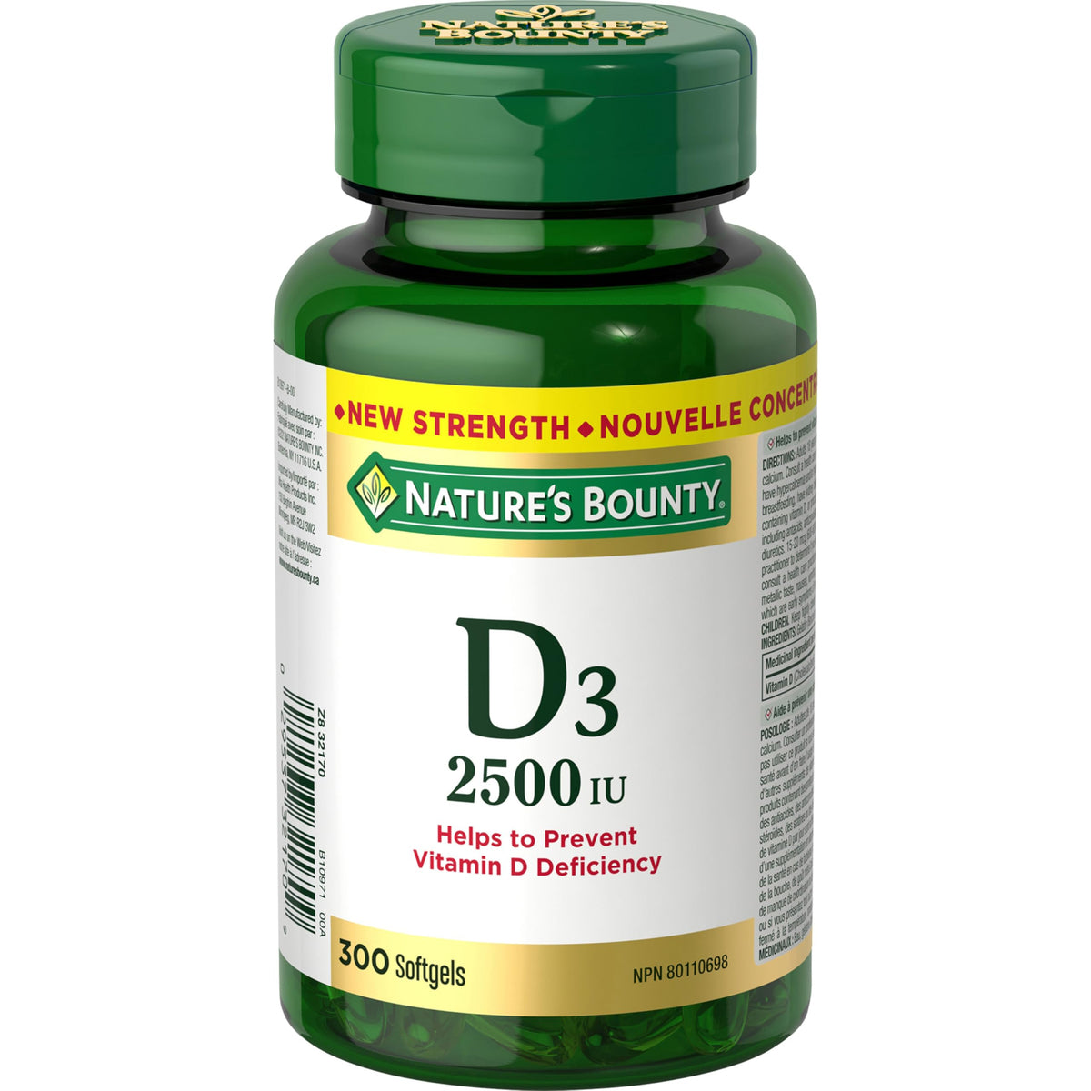 Nature's Bounty Vitamin D3 2500 IU, 300 Softgels, Helps to prevent Vitamin D deficiency, Value Size