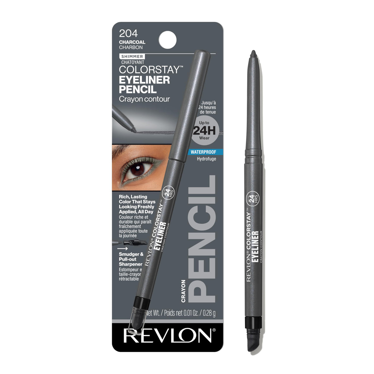 Revlon ColorStay Pencil Waterproof Eyeliner, Smudge-Proof, Eye Makeup with Built-In Sharpener, Packaging May Vary, 204 Charcoal, 0.01 oz