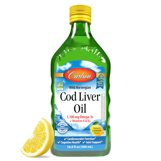 Carlson - Cod Liver Oil, 1100 mg Omega-3s, Liquid Fish Oil Supplement, Wild-Caught Norwegian Arctic, Sustainably Sourced Nordic Fish Oil Liquid, Lemon, 500 ml