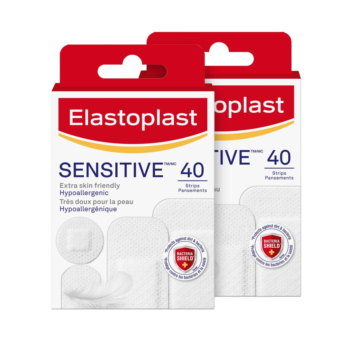 Elastoplast Sensitive Adhesive Bandages for Sensitive Skin, 40 Assorted Shapes - Pack of 2, White, Hypoallergenic | Extra skin-friendly | Soft & Breathable Material | Painless to Remove