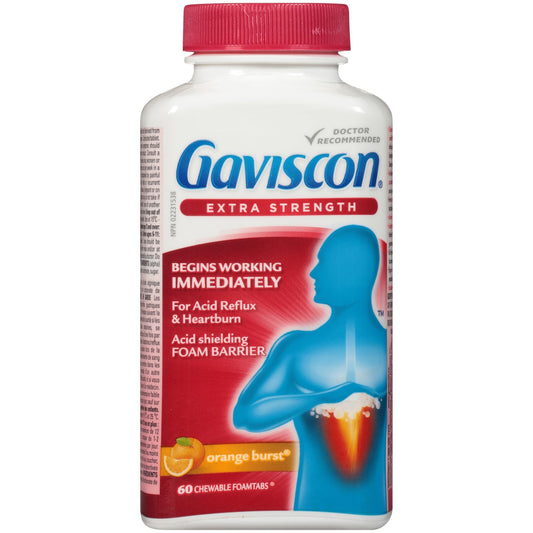 Gaviscon Extra Strength Tablets - 60 Count - Chewable Foaming Antacid Tablets for Day and Night Heartburn Relief, Acid Reflux and GERD Relief, Orange Burst - Free of Aluminum, Lactose and Gluten