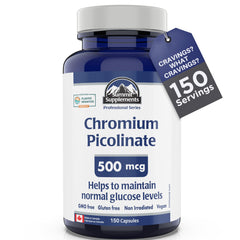 Chromium Picolinate 500mcg 150 V-Caps 150-Day Supply - Glucose and Blood Sugar Support - Muscle Mass & Metabolism Support - An alternative to berberine - 3rd Party Tested - Formulated & Made in Canada