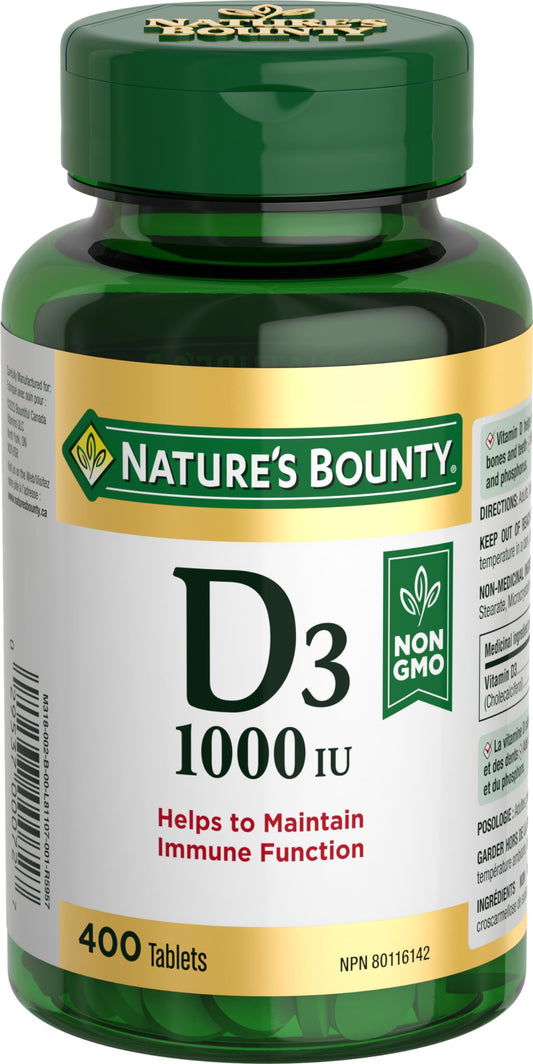 Nature's Bounty Vegetarian Non-GMO Vitamin D3, Vitamin D 1000 IU Supplement, Helps to Maintain Immune Function, 400 Tablets
