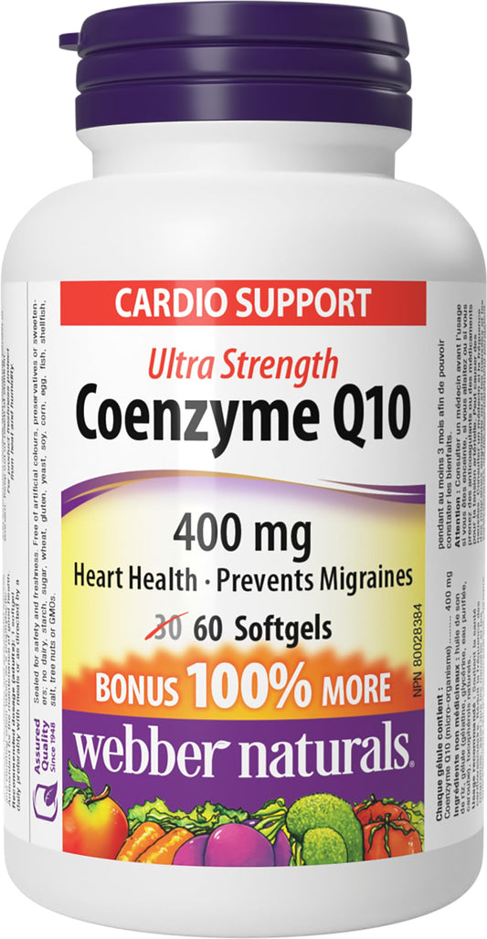 Webber Naturals Coenzyme Q10 (CoQ10) 400 mg, 60 Softgels, Ultra Strength, High Potency Antioxidant, For Heart Health, Cellular Energy Production, and Migraine Support