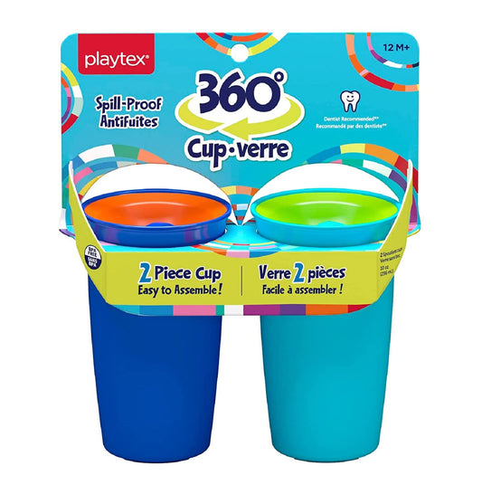 Playtex Baby Sipsters 360 Baby Cups for 12+ Months, 10 Ounces (2 Count), Blue & Green, Toddler Water Bottle for Kids Hydration, Spill-Proof Training Sippy Cups for Toddlers 1-3, Stage 2