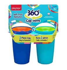 Playtex Baby Sipsters 360 Baby Cups for 12+ Months, 10 Ounces (2 Count), Blue & Green, Toddler Water Bottle for Kids Hydration, Spill-Proof Training Sippy Cups for Toddlers 1-3, Stage 2