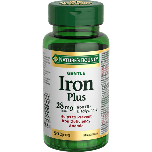 Nature's Bounty Gentle Iron Supplement, Helps Prevent Iron Deficiency Anemia, 28mg, 90 Capsules, Multi-colored