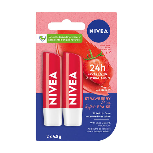 NIVEA Strawberry Shine Lip Balm (2x4.8g) | Shimmery Red Tinted Lip Care, 24H Hydration