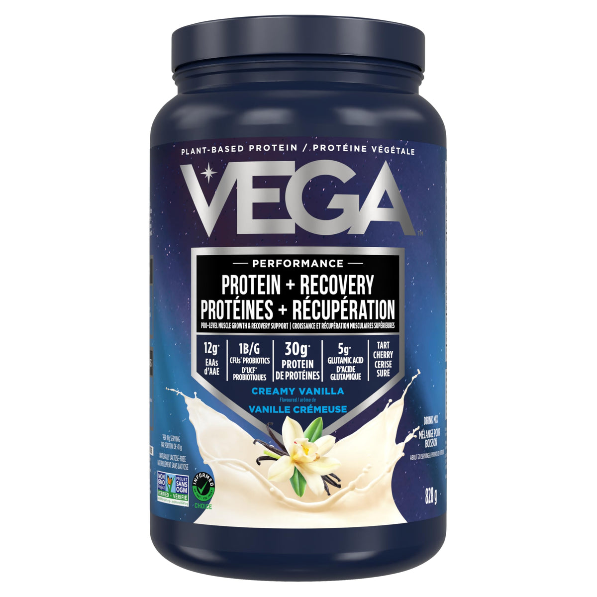 Vega Sport Vegan Protein Powder + Recovery - 30g Plant Based Protein per Serving, Vanilla, 20 Servings, 5g BCAAs, Probiotics, NSF Certified, For Shakes & Smoothies, 828g (Packaging May Vary)