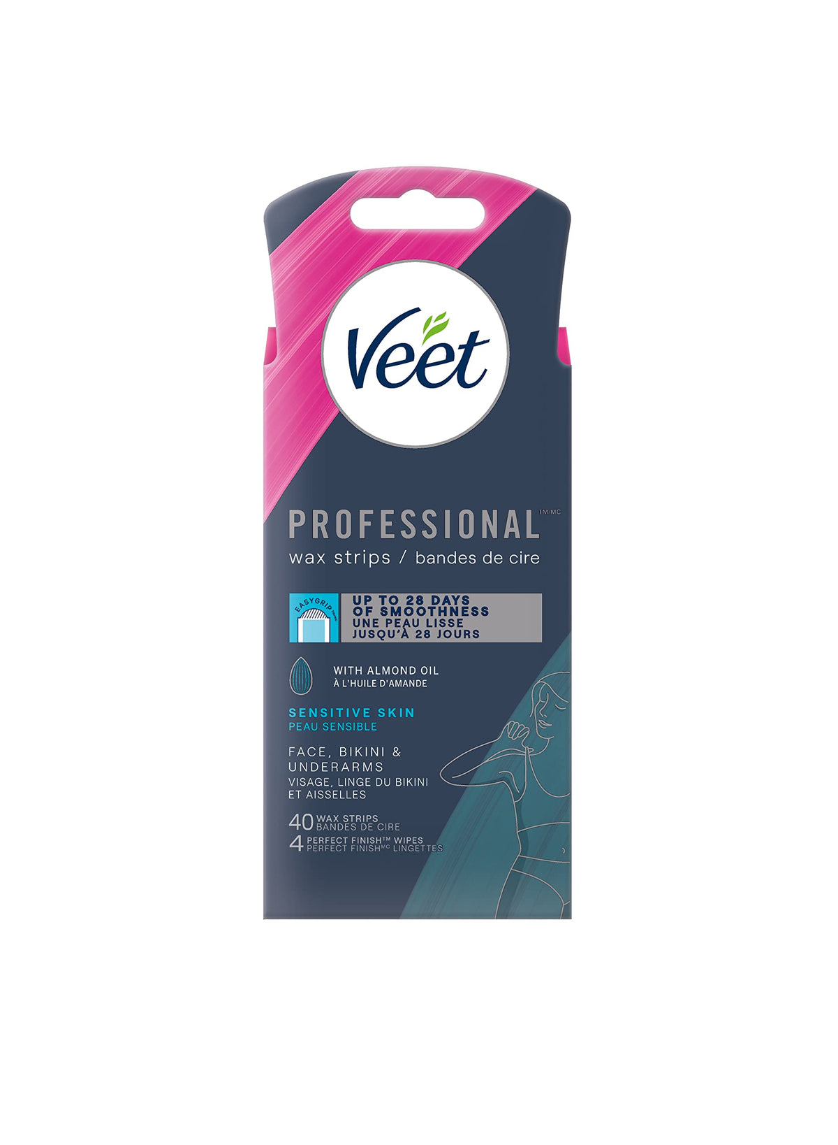 VEET Professional Wax Strips for Face, Bikini, & Underarms, EasyGrip tab & Almond Oil Infused Hair Removal Wax Strips for Sensitive Skin, 40 Wax Strips + 4 Perfect Finish Wipes
