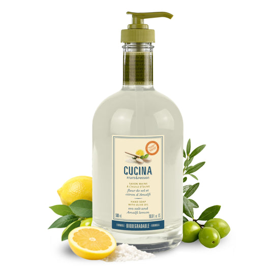 Cucina Fruits & Passion Kitchen Hand Soap, Sea Salt & Amalfi Lemon, Natural Liquid Soap with Cold-Pressed Olive Oil, Moisturizing Formula in Refillable Glass Hand Soap Dispenser, 16.9 fl oz